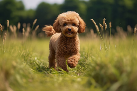 Majestic Brown Poodle Strolling Through Lush Grassland --ar 3:2の素材