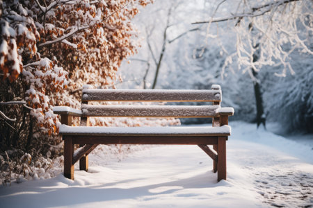 Winter Wonderland: A Brown Outdoor Bench Peeked Through Snowy Delightの素材