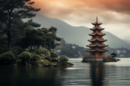 Peaceful Reflections: The Scenic Brown Pagoda by the Water's Edgeの素材