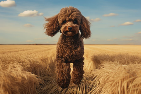 A Serene Journey: A Brown Poodle Embracing Nature's Serenity on a Vibrant Grass Fieldの素材