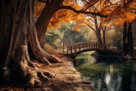 Enchanting Scene: A Brown Wooden Bridge Embraced by a Tree near a Serene Body of Water -- AR 3:2の素材