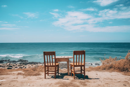 Coastal Serenity: Rustic Brown Wooden Chairs and Table Harmonize with the Sea Under a Clear Blue Skyの素材