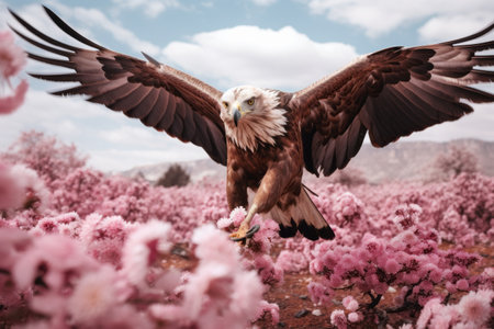 Ethereal Encounter: A Majestic Brown, White, and Black Eagle Soaring Amidst a Blossoming Pink Flowerの素材