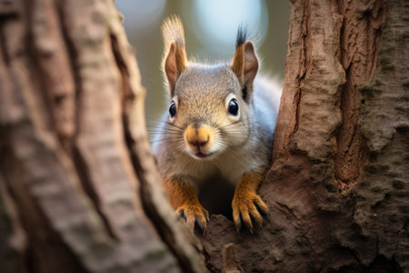 Sylvan Harmony: A Brown Squirrel Perched on a Gray Tree Trunkの素材