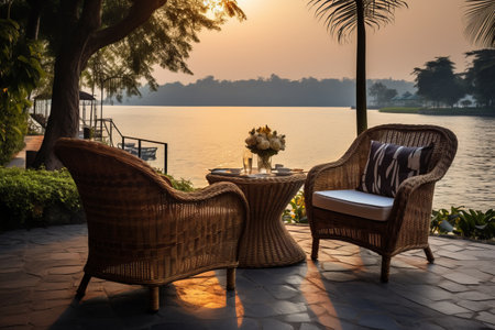 Serene Oasis: Brown Wicker Chairs and Table by the Watersideの素材