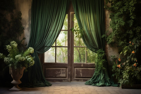 Elegant Entrance: Brown Wooden Door Framed by Green Window Curtainsの素材
