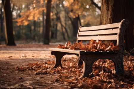 Autumn Vibes: Rustic Brown Wooden Bench Adorned with Dried Leavesの素材