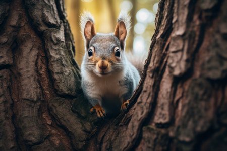 Captivating Contrast: A Brown Squirrel Perched on a Gray Tree Trunk --ar 3:2の素材