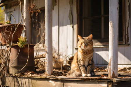 Solace in Abandonment: Serene Cat Finds solace on a Daytime Porchの素材