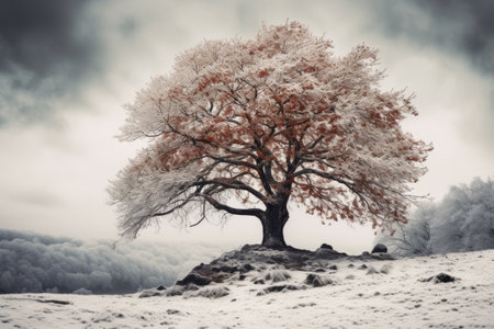 Winter's Touch: A Stunning Brown Tree with Snow - AR 3:2の素材