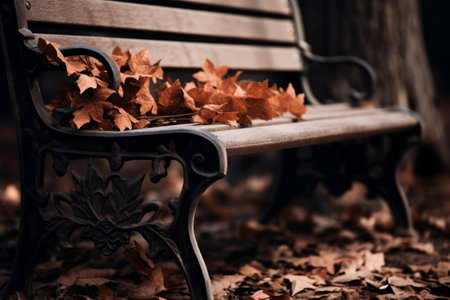 Autumn Vibes: A Rustic Brown Wooden Bench Amidst Brown Dried Leaves - AR 3:2の素材