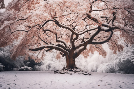 Winter's Whisper: A Brown Tree Enveloped in Snowの素材