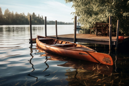 Serene Reflections: A Brown Wooden Dock and Kayak in Harmonious Watersの素材