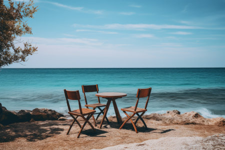 Coastal Bliss: Brown Wooden Chairs and Table Basking Under a Blue Skyの素材
