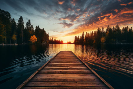 Serenity Unveiled: Captivating Sunset Reflections on Tranquil Waters Amidst Majestic Tree Silhouetteの素材