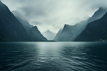 Serenity Unveiled: Majestic Mountains Embrace Tranquil Watersの素材