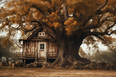 Enchanting Rustic Retreat: Brown Wooden House Nestled Amongst Towering Treesの素材