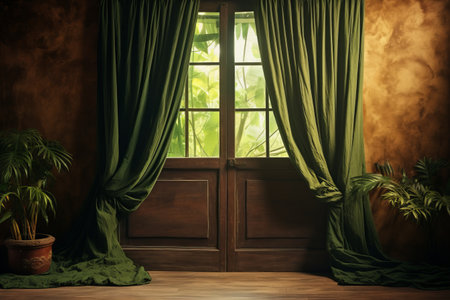Through the Looking Glass: A Rustic Scene of Brown Wooden Door and Green Window Curtainsの素材