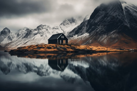 Capturing the Serene Beauty: Brown Wooden House and Mountain Mirrored in Tranquil Lake - AR 3:2の素材