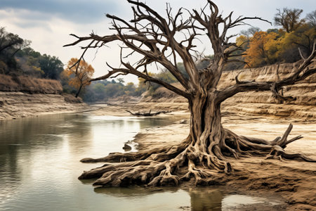 Serene Beauty: Brown Weathered Tree Reflecting on River Creekの素材