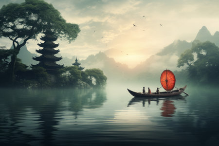 Serene Reflections: A Canoe on a Pagoda-Adorned Body of Waterの素材