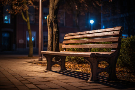 Night Stroll: Illuminated Sidewalk adorned with a Brown Wooden Bench --ar 3:2の素材