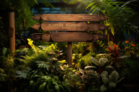 Natural Oasis: Brown Wooden Signage amidst Lush Green Plantsの素材