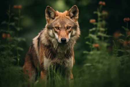 Majestic Brown Wolf Roaming Through Lush Green Grass Fieldの素材