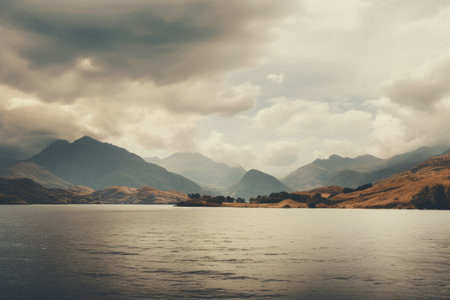 Majestic Mountain Backdrop: A Tranquil Brown Oasis by the Lake Captured on a Sunny Dayの素材