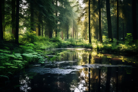 The Serenity of a Calm Pond in a Lush Green Forestの素材