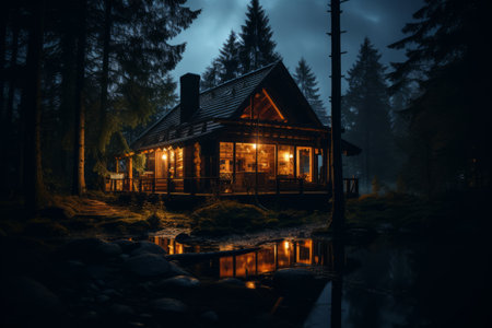 Mystical Tranquility: The Enchanting Brown Wooden House Amidst the Nocturnal Forest --ar 3:2の素材