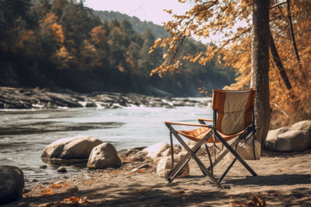 Riverside Relaxation: Table by the Shore with a Comfy Camping Chairの素材