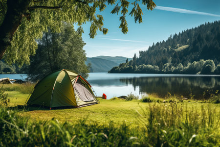 Serenity by the Lakeside: A Camping Adventure Under the Sunny Skies with a Tent on Lush Green Grassの素材