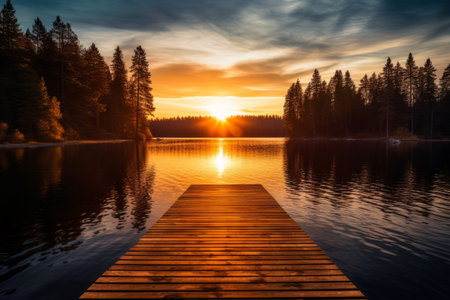 Serenity Unleashed: Tranquil Sunset on Brown Wooden Dock Embracing Nature's Silhouetteの素材