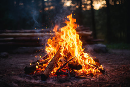 Embracing Nature's Warmth: A Radiant Campfire Engulfs the Wilderness --ar 3:2の素材