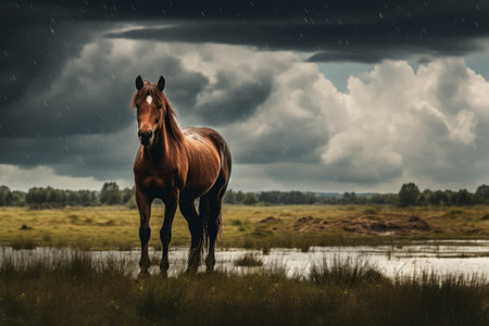 Gloomy Day Grazing: A Magnificent Brown Horse on the Pastureの素材