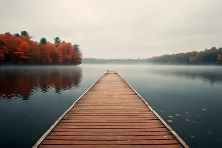 Serenity Embodied: A Brown Wooden Dock on a Tranquil Body of Waterの素材
