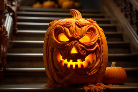 Halloween Spirit Illuminated: A Carved Pumpkin Adorns Stairsの素材