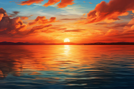Tranquility Reflects: Serene Waters, Sunlit Orange Sky - AR 3:2の素材