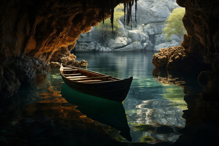 Mysterious Cave Oasis: Discovering Serenity by the Water with Boat -- a 3:2 Adventureの素材