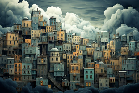 Captivating Urban Landscape: Multistory House Exteriors Amidst Cloudy Skiesの素材