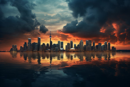 Scenic Waterside City Enveloped by Moody Clouds --ar 3:2の素材