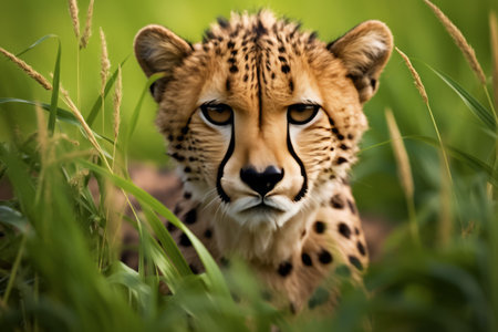 Cheetah Camouflaged: Blending into the Green Grass Lawn -- AR 3:2の素材