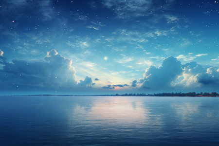 Serene Reflections: A Clear Sky over the Tranquil Body of Waterの素材