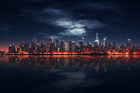 Enchanting Nighttime Reflections: Captivating City Skyline Over Waterの素材
