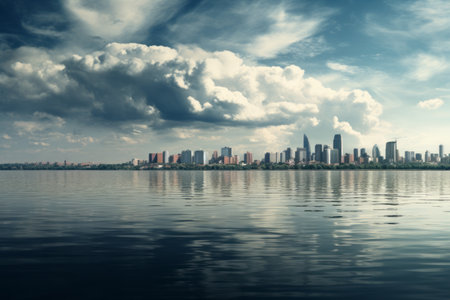 Misty Metropolis by the Waterside: Captivating Scenery Under Overcast Skiesの素材