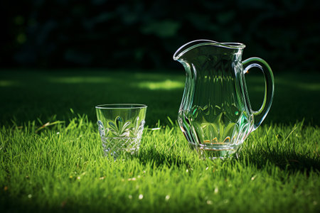 The Refreshing Harmony: Clear Glass Pitcher Harmonizing with a Drinking Cup on Lush Green Grassの素材