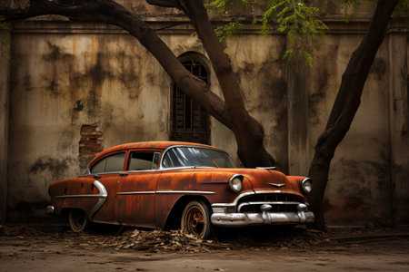 Captivating Classic Brown Coupe: Timeless Elegance Beside Majestic Treeの素材