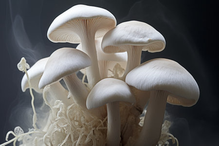 Magnificent Macro View: Four Pristine White Mushrooms in 3:2 Aspect Ratioの素材