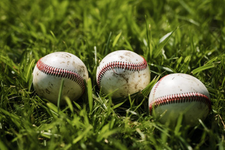 Captivating Shots: Exquisite Close Up Photography of Four Baseballs on Lush Green Lawn Grasses in 3:の素材